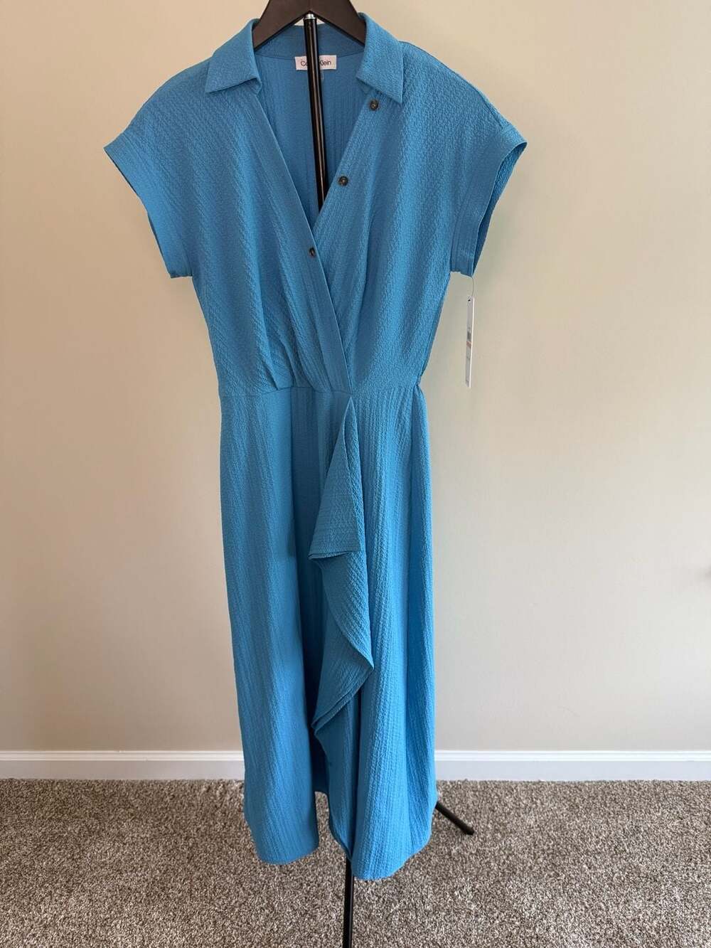 Calvin Klein Textured Short Sleeve Ruffle Midi Dress